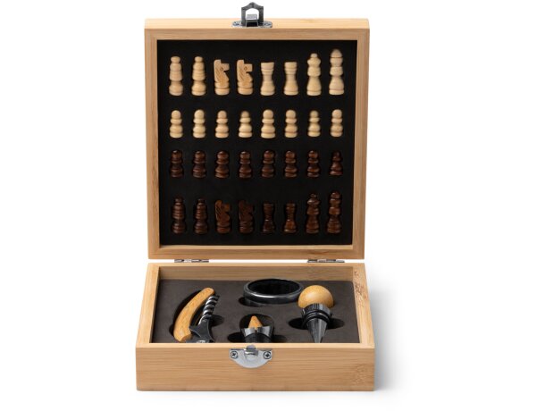 Set vino ajedrez Fresno bambú con accesorios y tablero integrado Crudo detalle 1