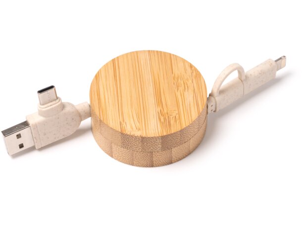 Cable cargador personalizado retráctil bambú Garyk triple USB Crudo detalle 5