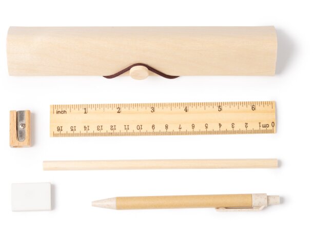 Estuche de escritura Sakis en madera natural con 5 accesorios Crudo detalle 3
