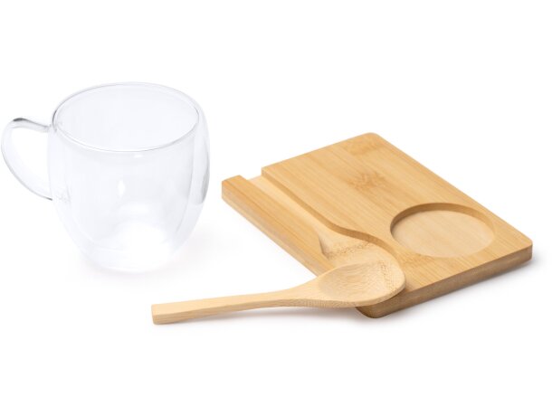 Set taza Blumon transparente cristal borosilicato 250ml bambú Transparente detalle 1
