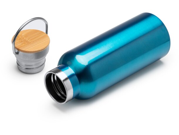 Botella de acero con tapa de bambu y asa metalica plegable 500ml Tiset Blanco detalle 1
