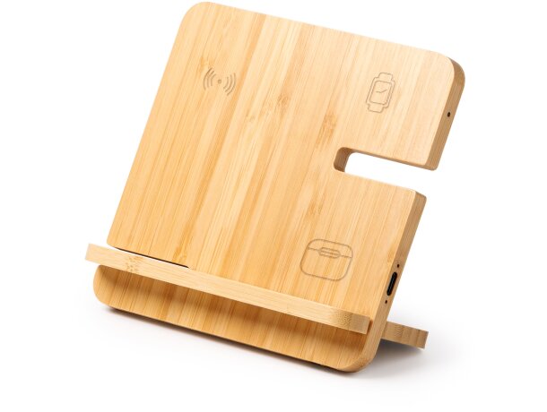 Soporte cargador inalámbrico bambú KROSY 3 en 1 15W Crudo detalle 6