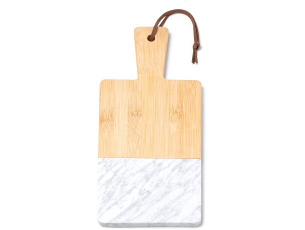 Tabla promocional Gino bambú mármol con asa polipiel Crudo detalle 3