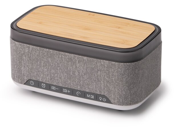 Altavoz Bluetooth MORNIX bambú reciclado con carga inalámbrica Gris vigore detalle 5