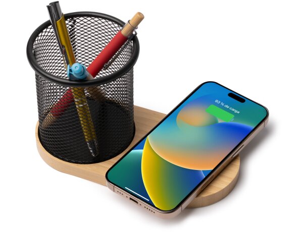 Portalápices cargador inalámbrico Costelo metal y bambú Crudo detalle 1