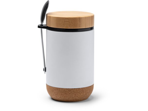 Termo Boke 400ml acero inoxidable con tapa bambú y base corcho Blanco detalle 3