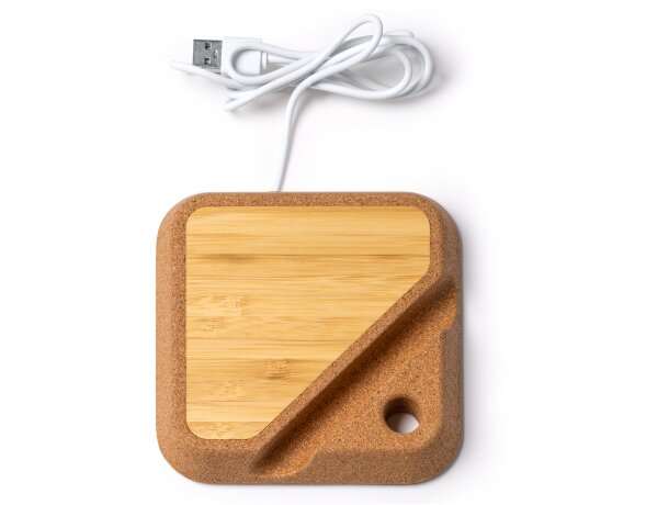 Cargador inalámbrico Brian bambú corcho 10W soporte vertical Crudo detalle 4