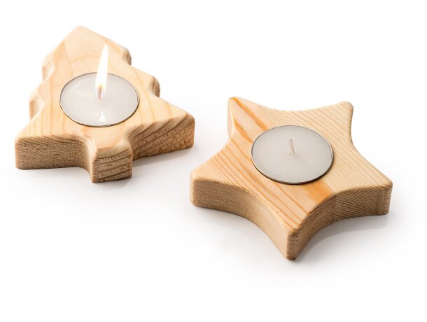 Vela promocional con soporte con forma de estrella de madera Maka Estrella detalle 3