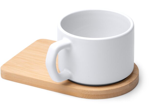 Taza Geisa blanco de cerámica con asa irregular y bambú 180ml Blanco detalle 4