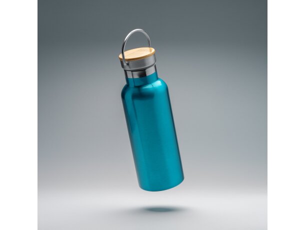 Botella de acero con tapa de bambu y asa metalica plegable 500ml Tiset Blanco detalle 3