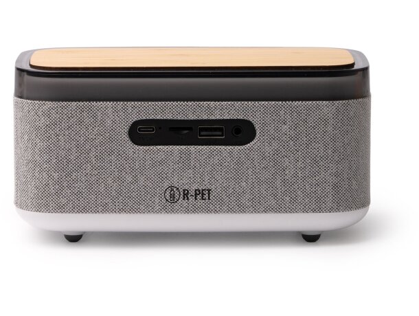 Altavoz Bluetooth MORNIX bambú reciclado con carga inalámbrica Gris vigore detalle 4