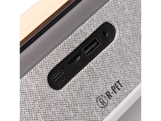 Altavoz Bluetooth MORNIX bambú reciclado con carga inalámbrica Gris vigore detalle 2