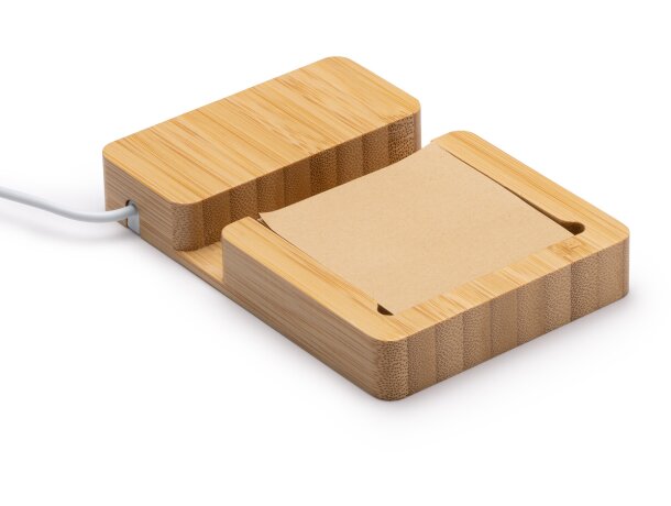 Cargador inalámbrico Mariel bambú personalizado con portanotas Crudo detalle 3
