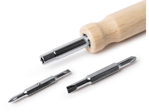 Destornillador Yador con puntas intercambiables acero y madera Crudo detalle 1