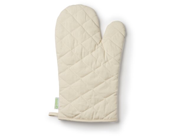 Manopla Mauro algodón orgánico 30x19 cm con cinta, logo y grabado Crudo detalle 4