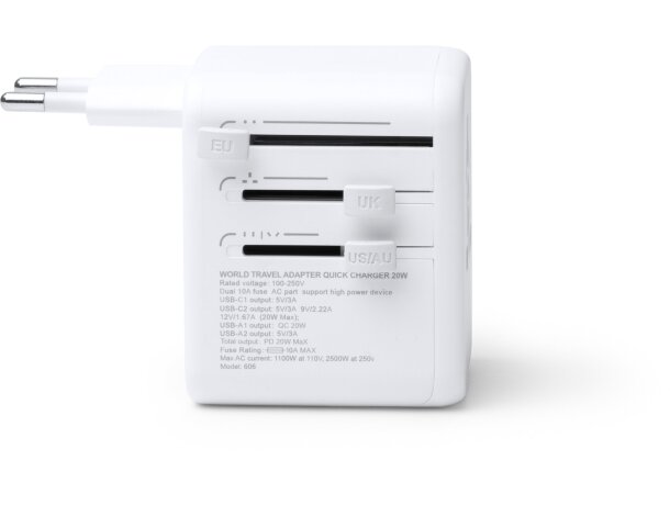 Adaptador de viaje Watik con USB-C y carga rápida 20W Blanco detalle 6