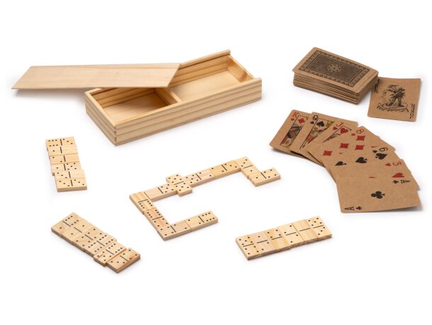 Set de juego Ludus natural con baraja y dominó en caja de madera Crudo detalle 1