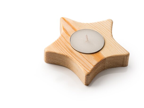 Vela promocional con soporte con forma de estrella de madera Maka Estrella detalle 2