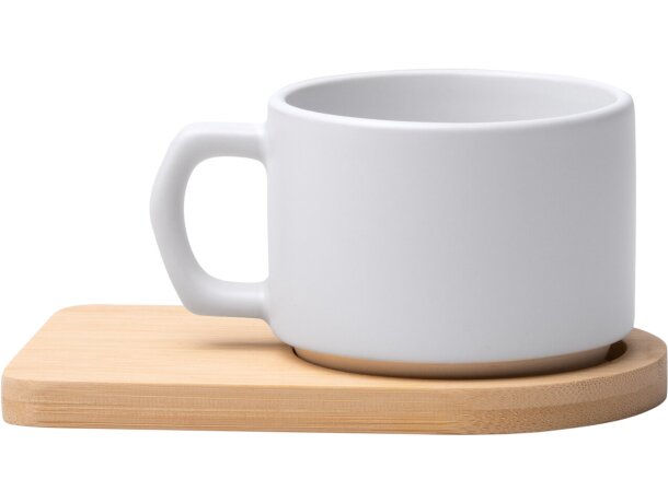 Taza Geisa blanco de cerámica con asa irregular y bambú 180ml Blanco detalle 4