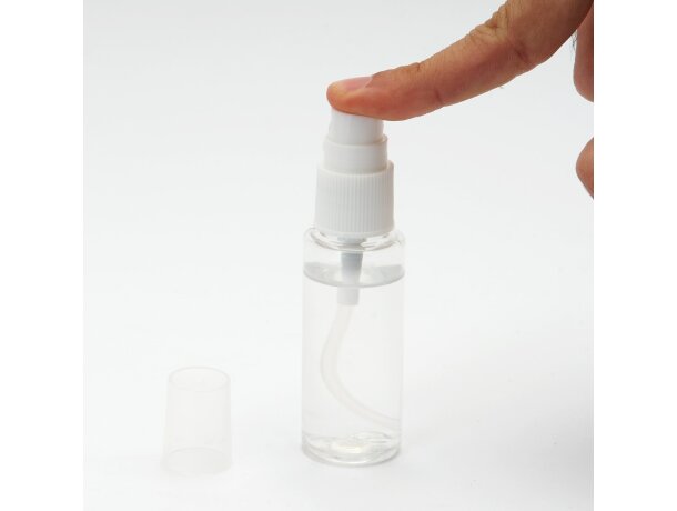 Botella gel hidroalcohólico Genzel 30ml con dosificador spray Blanco detalle 1