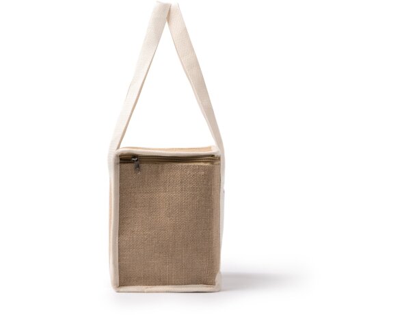 Bolsas térmicas promocionales con bolsillo frontall y asas de transporte de yute Florit Crudo detalle 2