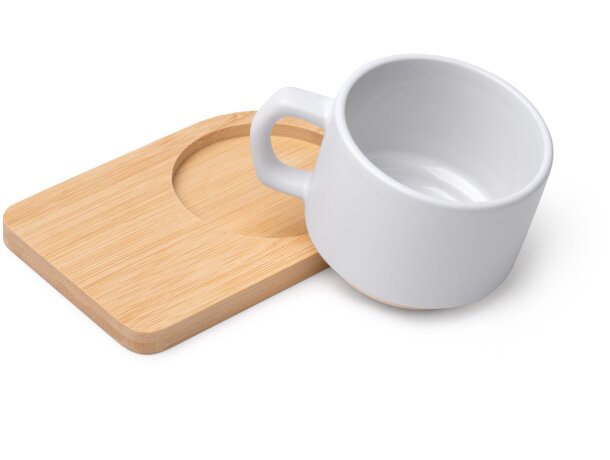Taza Geisa blanco de cerámica con asa irregular y bambú 180ml Blanco detalle 2