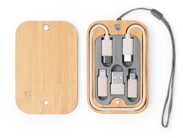 Set BACU cables cargadores bambú personalizada con tres conectores Crudo detalle 3