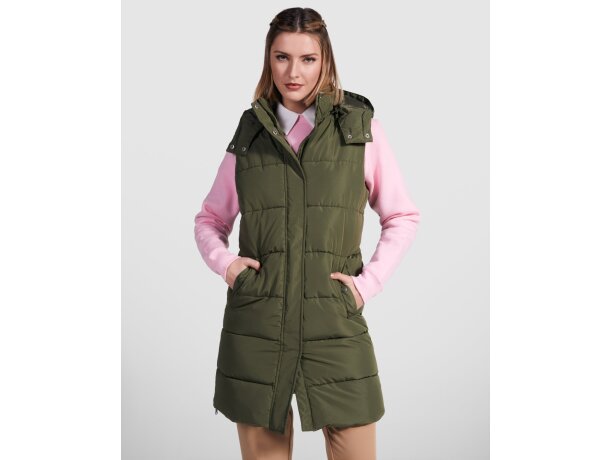 Chaleco acolchado mujer Reine con capucha extraíble Roly Verde militar detalle 3