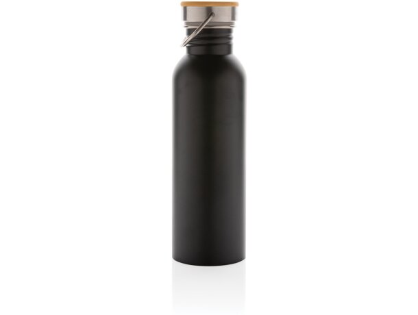 Botella moderna de acero inoxidable con tapa de bambú. Negro detalle 2