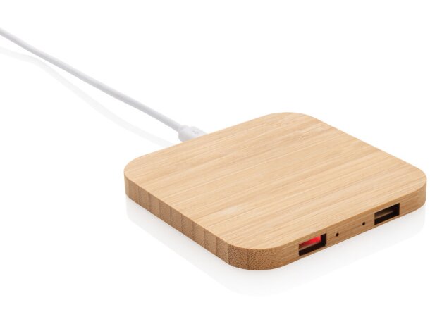 Cargador inalámbrico bambú FSC Qi con triple conexión USB Marron detalle 9