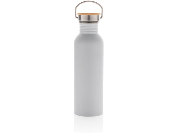 Botella moderna de acero inoxidable con tapa de bambú. Blanco detalle 16