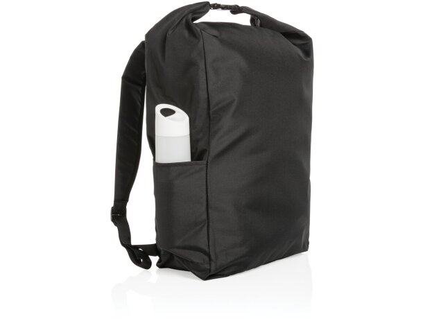 Mochila ecológica con logo hecha de botellas recicladas y ahorro de agua Negro detalle 1