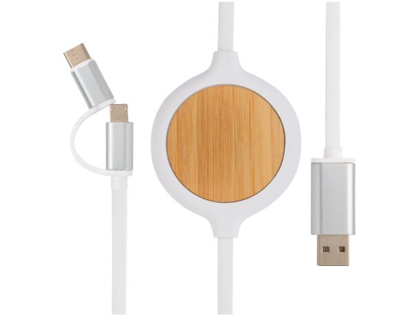 Cable 3 en 1 con cargador inalámbrico bambú 5W doble carga Blanco detalle 7