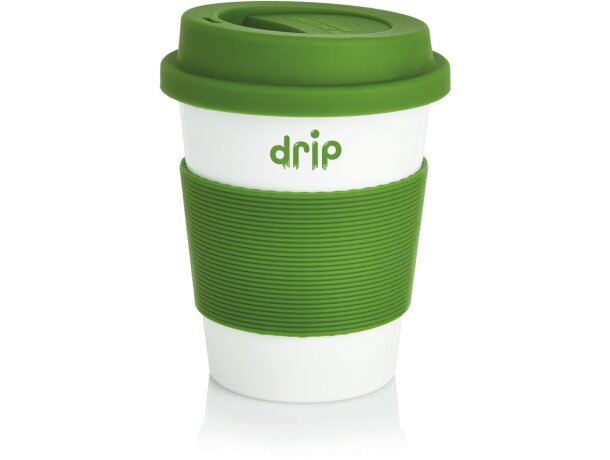 Taza de café ecológica con tapa y banda de silicona Verde/blanco detalle 24