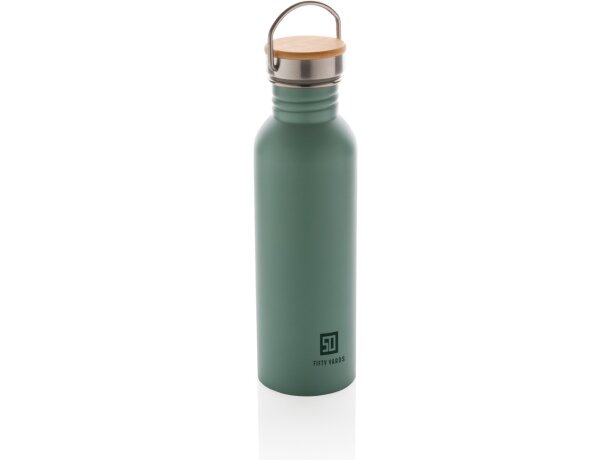 Botella moderna de acero inoxidable con tapa de bambú. Verde detalle 35