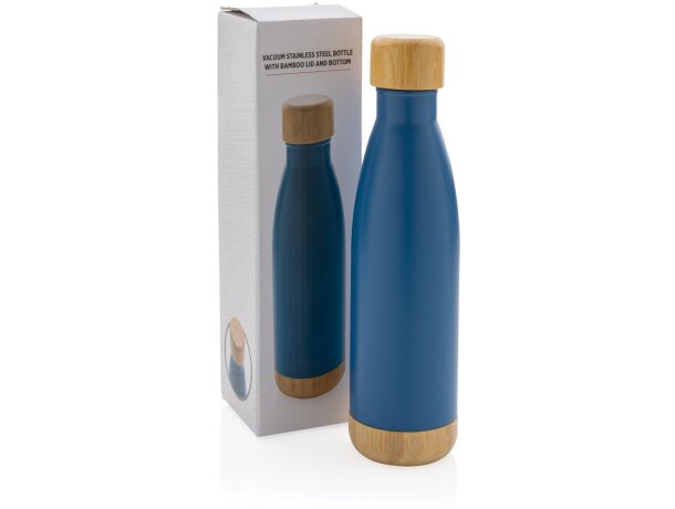 Botella acero inoxidable al vacío con tapa y fondo de bambú Azul detalle 23