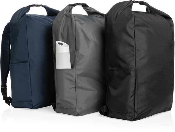 Mochila ecológica con logo hecha de botellas recicladas y ahorro de agua Negro detalle 9