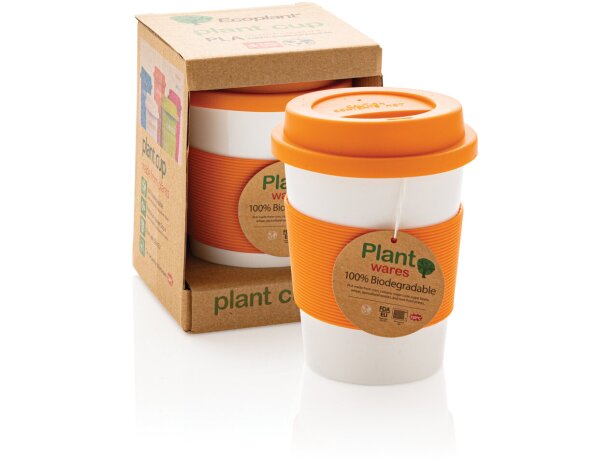 Taza de café ecológica con tapa y banda de silicona Naranja/blanco detalle 34