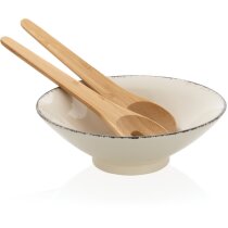 Cuenco cerámica blanco borde negro cubiertos bambú