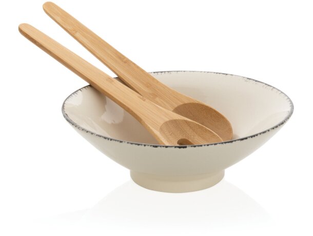 Set Ensaladera Ukiyo cerámica blanca borde negro servidor bambú Blanco/negro detalle 9