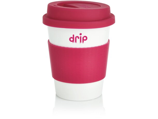 Taza de café ecológica con tapa y banda de silicona Rosa/blanco detalle 38