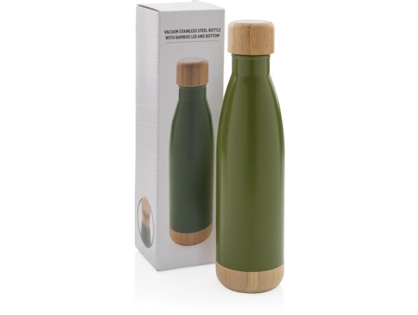 Botella acero inoxidable al vacío con tapa y fondo de bambú Verde detalle 31