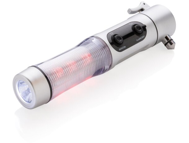 Luz emergencia con martillo rompeventanas y cúter integrado Plata detalle 5