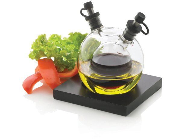 Set Orbit aceite vinagre vidrio soplado base madera negra Negro detalle 10