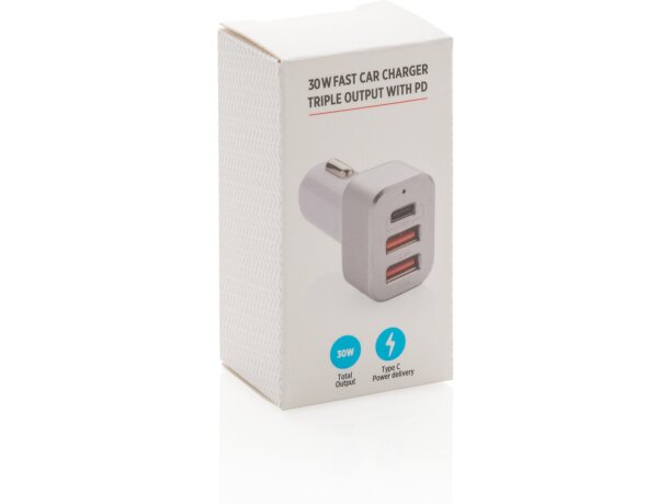 Cargador de coche rápido 30W con triple salida y PD Blanco detalle 8