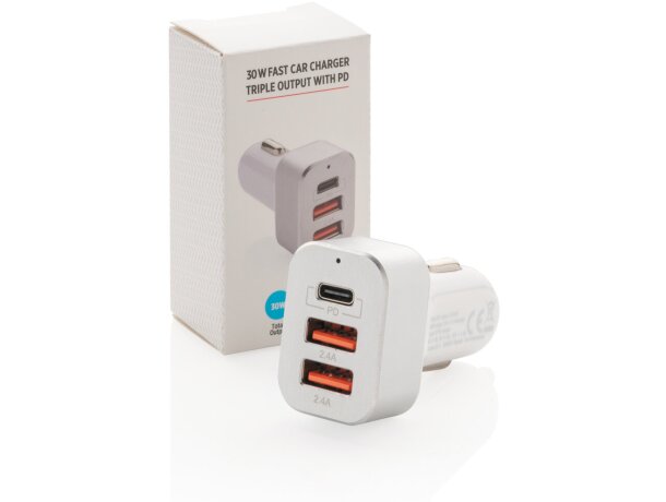 Cargador de coche rápido 30W con triple salida y PD Blanco detalle 7