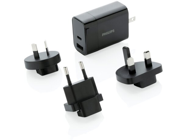Cargador Philips 30W con enchufes internacionales y doble USB Negro detalle 7