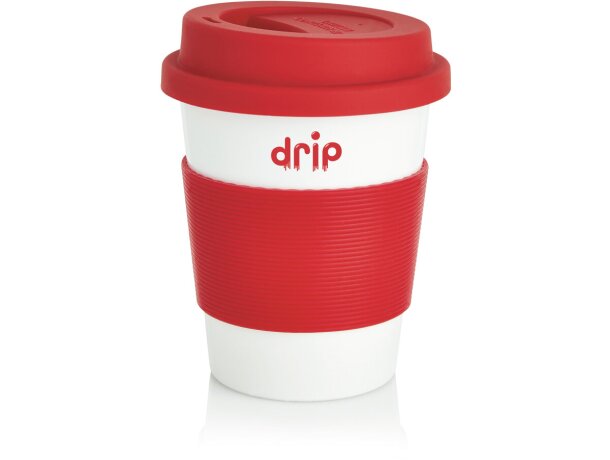 Taza de café ecológica con tapa y banda de silicona Rojo/blanco detalle 10