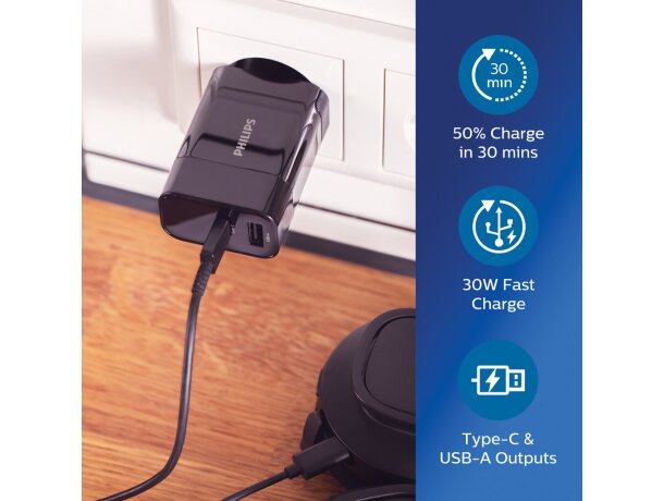 Cargador de pared promocional ultra rápido con dos conectores Negro detalle 5