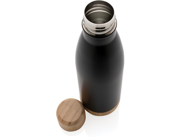 Botella acero inoxidable al vacío con tapa y fondo de bambú Negro detalle 3